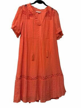 Indigo Rose Boho Coral Tiered Tassel Dress - Size S EUC